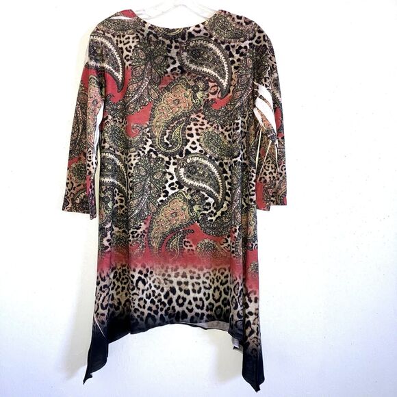 BLEU Rhinestone Sequin Sublimation Print Handkerchief Hemline Tunic Top - Picture 3 of 6